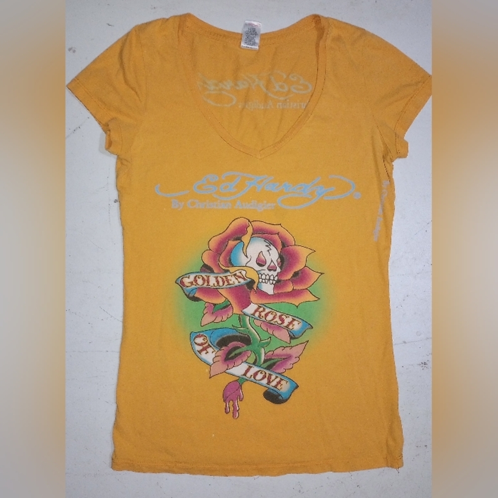 Ed Hardy Golden Rose Graphic Tee, Size L